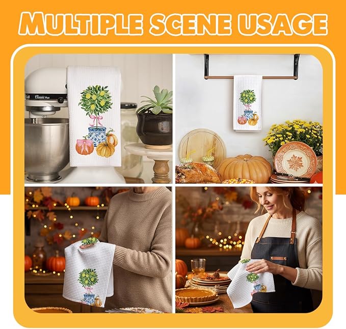 Fall Kitchen Towels Blue and White Pumpkin Kitchen Hand Towels, Chinoiserie Pumpkin Fall Decor Waffle Weave Dish Cloths 16x23.5 Inch, Farmhouse Autumn Thanksgiving Halloween Bathroom-C10