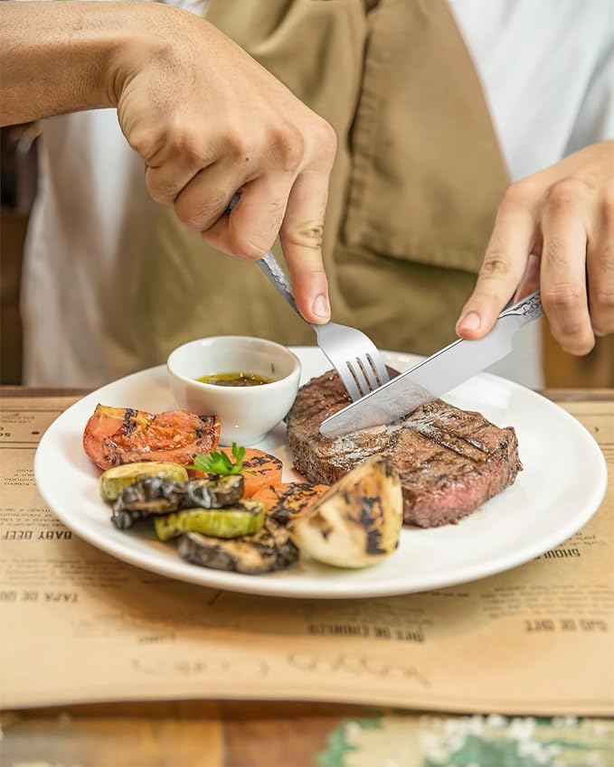 20-Piece Silverware Set, Ollex Stainless Steel Hammered Flatware Cutlery Set for 4, Mirror Polished Kitchen Utensils included Silver Knives Spoons and Forks Set Dishwasher Safe