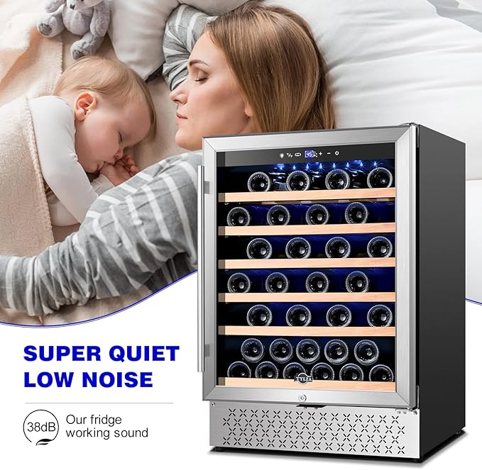 Tylza 24 Inch Wine Fridge, 54 Bottles Wine Refrigerator, Under Counter or Freestanding, 40-65°F, Lock, Double Layer Tempered Glass Door, Wine Cooler Refrigerator with Adjustable Wooden Shelves