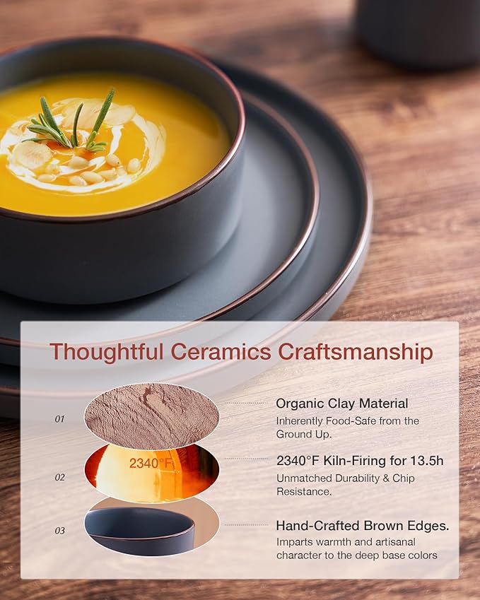 Famiware Nebula Ridge Stoneware Dinnerware Sets, Plates and Bowls Sets for 4, 12 Pieces Dishes Set, Microwave and Dishwasher Safe Kitchen Plates, Charcoal