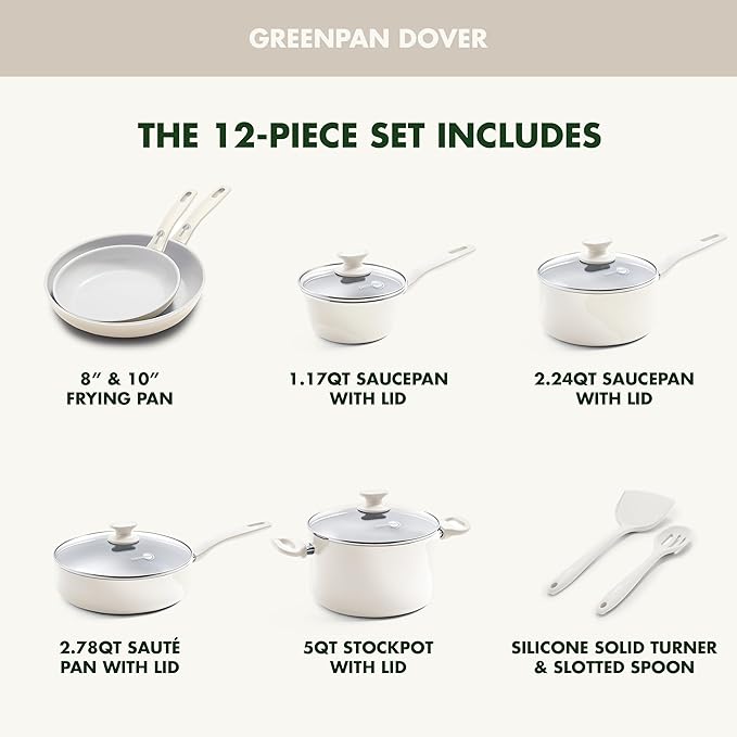 GreenPan Dover Healthy Ceramic Nonstick, 12 Piece Cookware Pots and Pans Set, PFAS-Free, Dishwasher Safe, Comfort Grip Handle, Cream White
