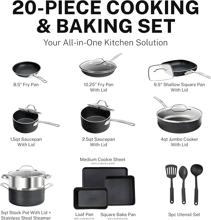 GRANITESTONE 20 Pc Complete Pots and Pans Set Non Stick Cookware Set with Saute Pan, Bakeware, Steamer, Cooking Utensils, Made Without PFOA PFOS, Oven and Dishwasher Safe