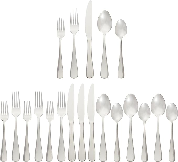 Amazon Basics Silverware Set, Stainless Steel Flatware, Dishwasher Safe, Service for 4, 20-Piece Forks and Spoons, Round Edge