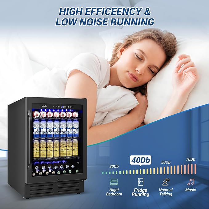 24 Inch Beverage Refrigerator Under Counter, 24" Space Built-In Beer and Drink Fridge with Glass Door for Soda, Water, and Milk - For Kitchen, Bar or Office