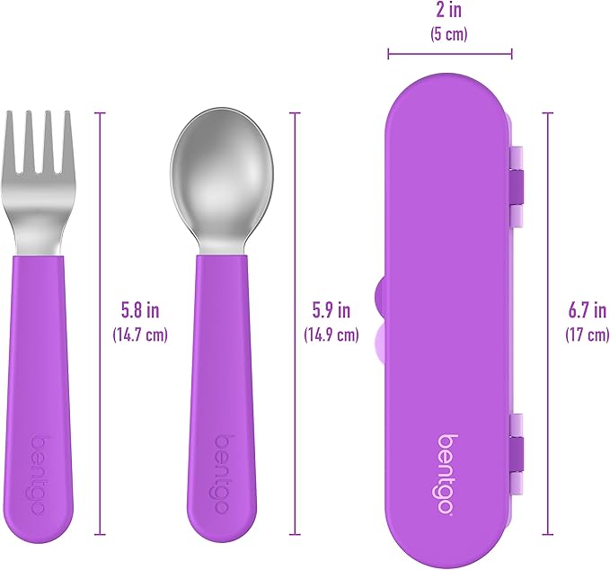Bentgo® Kids Stainless Steel Utensil Set - Reusable Fork, Spoon & Storage Case - High-Grade BPA-Free Stainless Steel, Easy-Grip Handles, Dishwasher Safe for School Lunch, Travel & Outdoors (Purple)