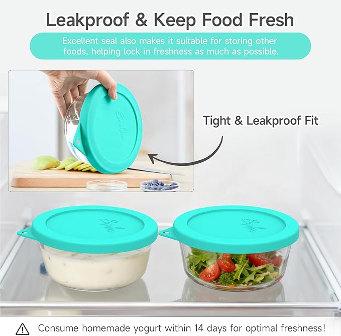 SOPHICO Silicone Replacement Lids Fit Ultimate 1-Quart Glass Containers, Airtight Seal Bowl Covers for Yogurt Fermentation, BPA-Free & Dishwasher Safe - Glass Not Included (Mint, 2 Pack)