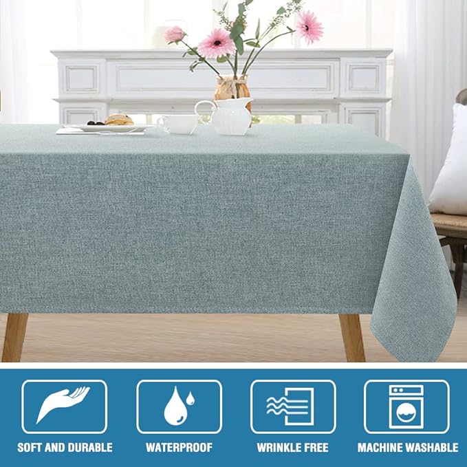 H.VERSAILTEX Linen Textured Tablecloth 54 x 80 Waterproof Decorative Table Cloth Spill-Proof Linen Look Cover for Party Table Extra Soft and Thick Fabric Wrinkle Free, Heather Aqua Gray