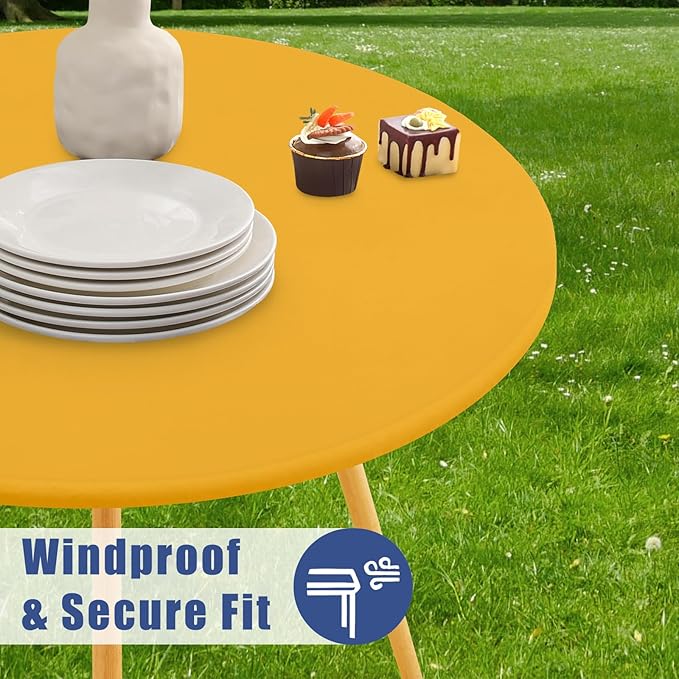 Round Spandex Tablecloth, Elastic Fitted Waterproof Tablecloths for 45"-56" Tables, Stretch Washable Picnic Table Cover for Camping, Dining, Indoor and Outdoor, Mustard Yellow