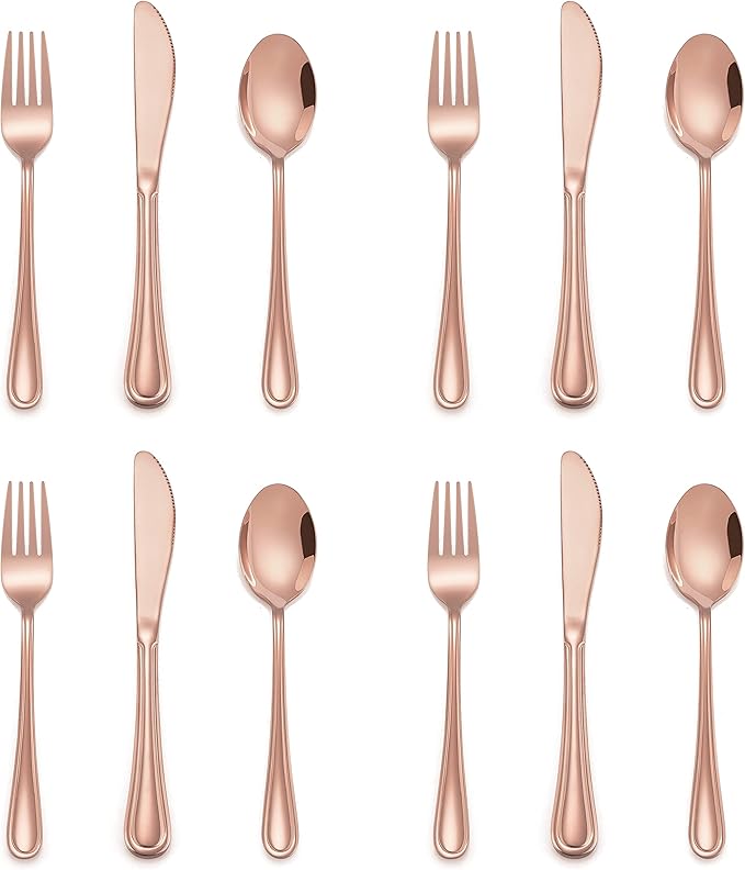 12-Piece Copper Kids Silverware, E-far Stainless Steel Toddler Kids Utensils Safe for Preschooler/Children, Includes 4 Forks 4 Spoons 4 Knife, Slimline Look & Small Size, Rust Free