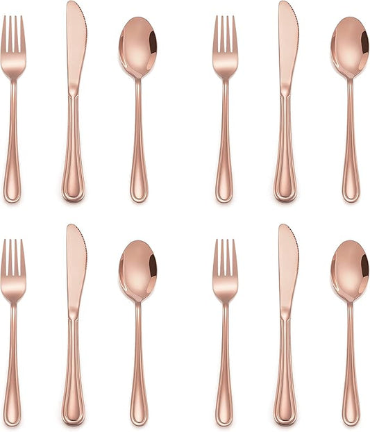 12-Piece Copper Kids Silverware, E-far Stainless Steel Toddler Kids Utensils Safe for Preschooler/Children, Includes 4 Forks 4 Spoons 4 Knife, Slimline Look & Small Size, Rust Free