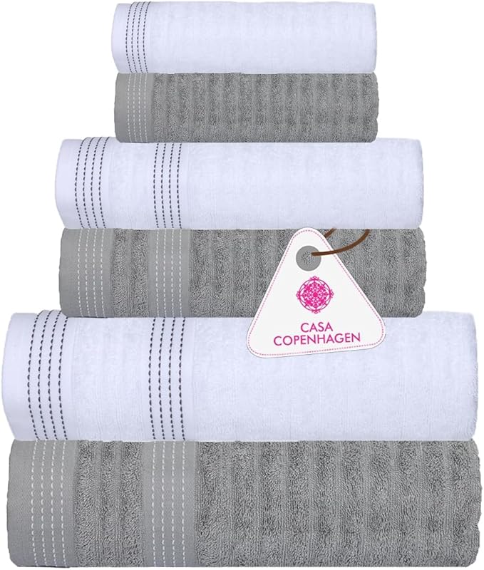 CASA COPENHAGEN Elegance 6 Pieces Towel Set- Grey Violet + White, 550 GSM 2 Bath Towel 2 Hand Towel 2 Washcloth, Designed in Denmark Made of Soft Egyptian Cotton for Bathroom, Kitchen and Shower