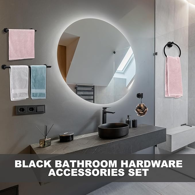 Gisafai 30 Pcs Bathroom Hardware Set, 23.6 Inch Brushed Towel Bar Ring Toilet Paper Holder Robe Towel Hook, SUS304 Stainless Steel Bathroom Accessory Set Wall Mounted (Black)