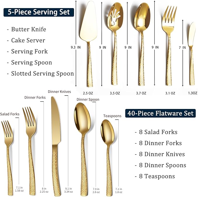 45-Piece Silverware Set with Serving Utensils Set, Gold Hammered Stainless Steel Flatware for 8, Food-Grade Tableware, Including Fork, Knife, Spoon Set, Home Kitchen Cutlery, Dishwasher Safe