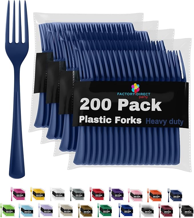 Party Solids Navy Plastic Forks 200 Pieces Navy Forks Disposable Utensils Heavy Duty Plastic Cutlery Set Disposable Cutlery Sets Flatware Sets Silverware Set Party Supplies & Party Tableware