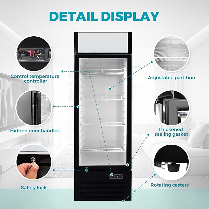 12.5 Cu Ft Commercial Beverage Refrigerator with 1 Glass Doors - Upright Drink Cooler Merchandiser with LED Light Display, 4 Adjustable Shelves, Black, ETL Approved for Business & Retail