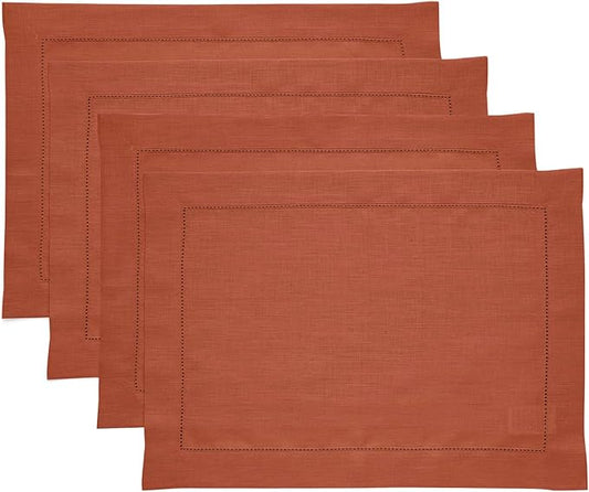 Solino Home Linen Placemats Set of 4 - Classic Hemstitch Cinnamon Placemats 14 x 19 Inch - 100% Pure Linen Table Mats for Winter