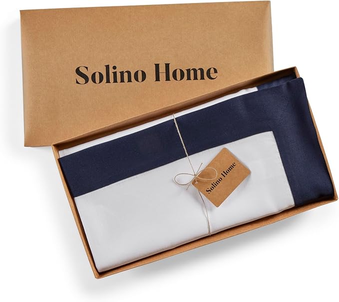Solino Home Linen Square Tablecloth 52 x 52 Inch - 100% Pure Linen Navy and White Table Throw - Contempo, Machine Washable Table Cloth for Winter