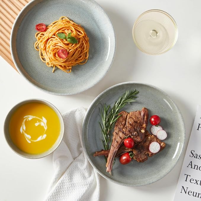 Gradient Green Stoneware Dinnerware Sets, 12 pcs Reactive Glaze Plates and Bowls Sets, Handmade Ceramic Round Dishes Set for 4, Highly Chip and Crack Resistant Modern Plate Set