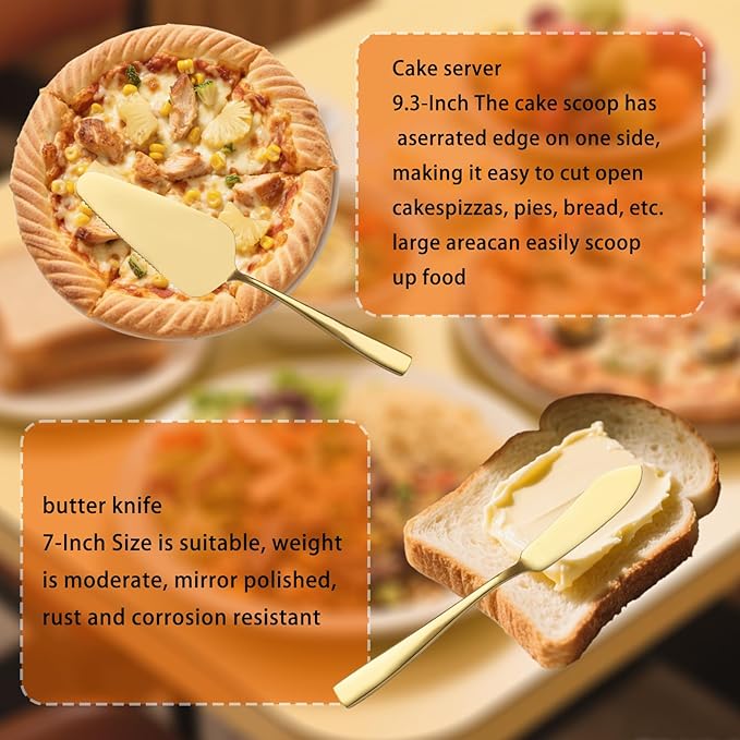 Large Hostess Serving Utensils Set, Stainless Steel Heavy Duty Serving spoons, Slotted Spoons, Serving Fork, Cake Server, Butter Knife, Dishwasher Safe (Gold)