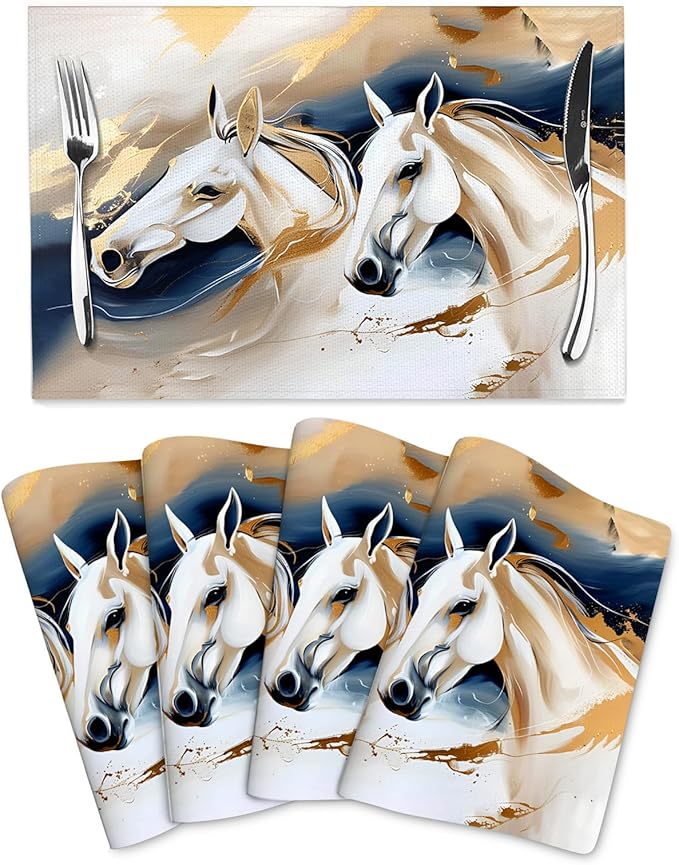 Horse Placemats Set of 4 Linen 12"x18" Washable Heat-Resistant Modern Decorative Kitchen Table Mats for Dining Outdoor Home Decor Cute Place Mats