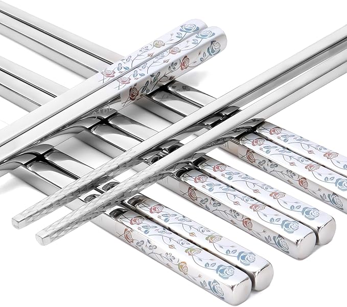 Stainless Steel Chopsticks, Titanium Plated Metal Chopsticks, 9.8" Premium Japanese Korean Color Laser Engraved Cooking Chop Sticks, Dishwasher Safe, Reusable, Anti-slip, Anti-scald, 2 Pairs Gift Set