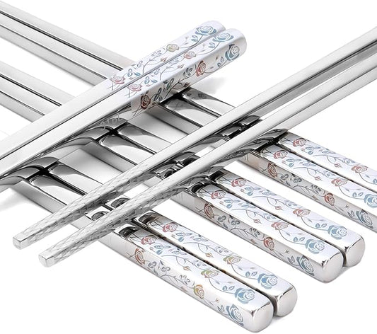 Stainless Steel Chopsticks, Titanium Plated Metal Chopsticks, 9.8" Premium Japanese Korean Color Laser Engraved Cooking Chop Sticks, Dishwasher Safe, Reusable, Anti-slip, Anti-scald, 2 Pairs Gift Set