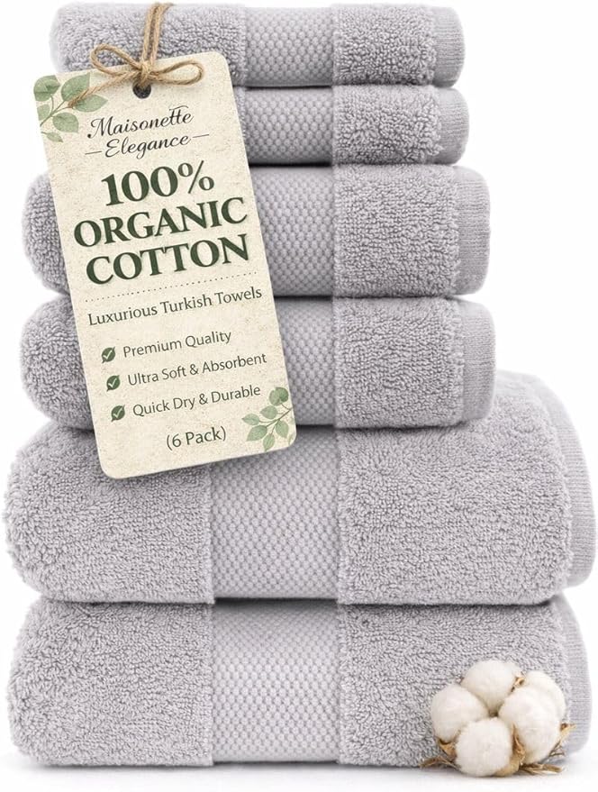 Maisonette Elegance 100% Organic Cotton Turkish Bathroom Towels Set, Ideal Quick Dry Luxury Washcloths, Hand & Large Bath Towels for Shower (6 Pack), Pewter