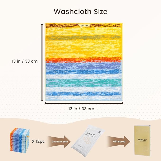 SEMAXE 100% Cotton Washcloths 12-Pack, 13 × 13 Inch Soft Luxury Face Towels – Super Absorbent & Quick-Dry, Premium Cloth with Hanging Loop, Oeko-TEX Certified, Gift-Ready Box