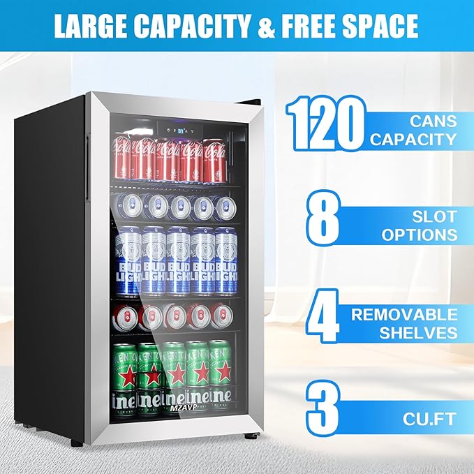 Beverage Refrigerator Cooler, 120 Can Mini Fridge with Reversible Glass Door for Soda Beer, 3 Cu.Ft Drink Fridge with Digital Temperature Control & Adjustable Shelves - Silver