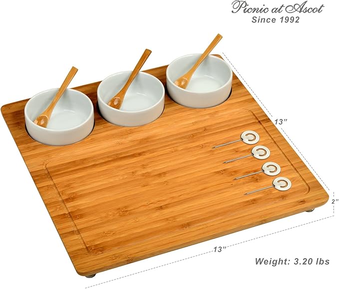 Picnic at Ascot Bamboo Cheese Board/Charcuterie Platter - Includes 3 Ceramic Bowls with Bamboo Spoons & Cheese Markers -13"x 13"- Designed and Quality Checked in the USA