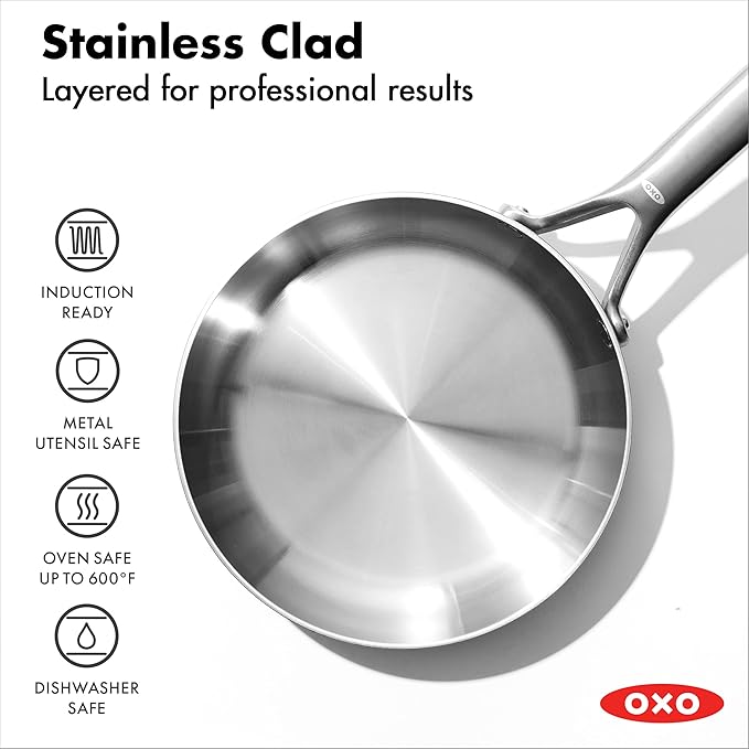 OXO Mira Tri-Ply Stainless Steel, 8" and 10" Frying Pan Skillet Set, Induction, Multi Clad, Dishwasher and Metal Utensil Safe,Black