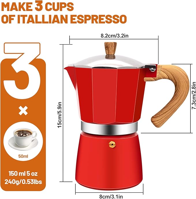 3 Cup Aluminum Espresso Stovetop Moka Pot Express Coffee Maker Percolator Italian Classic Mocha Coffee Machine for Italian and Cuban Cafe Brewing for Home & Camping 150ml 5oz