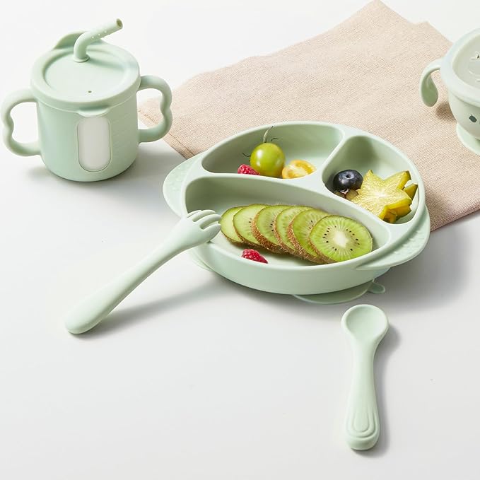 Bc Babycare Portable 4 Pack Baby & Toddler Self Feeding Fork and Spoon Set with Storage Case, BPA-Free Silicone Utensils for Boys and Girls, Safe & Easy to Carry, Green & Pink