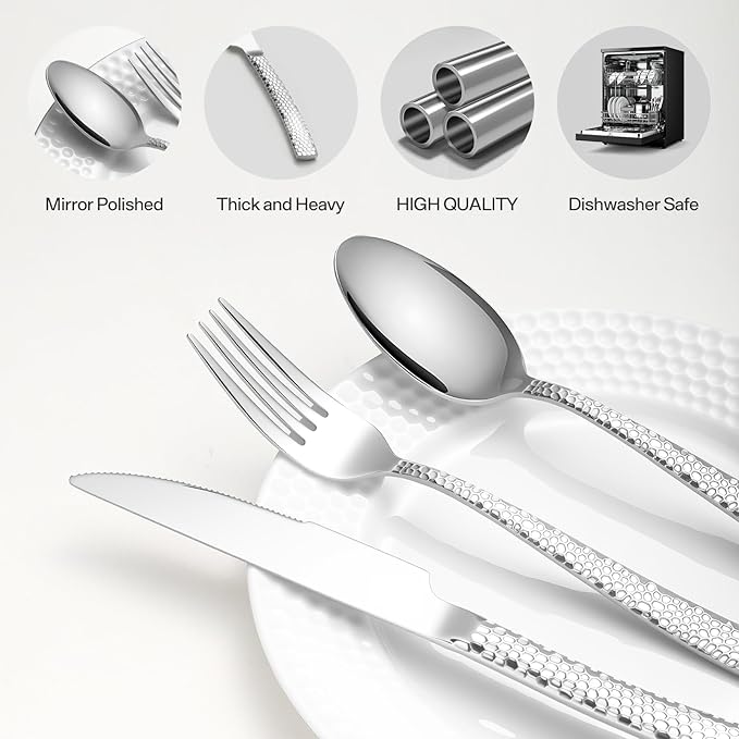 Hammered silverware set, modern flatware set for 4 Heavy duty cutlery set 20piece Stainless Steel fork spoon knife set everyday kitchen, Mirror Finish Dishwasher Safe