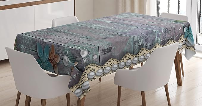 Ambesonne Pearls Tablecloth, Floral Rustic Designed Pearls and Lace Like Design Flowers Wooden Background Print, Rectangular Table Cover for Dining Room Kitchen Decor, 52" X 70", Brown Blue