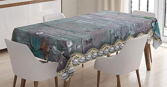 Ambesonne Pearls Tablecloth, Floral Rustic Designed Pearls and Lace Like Design Flowers Wooden Background Print, Rectangular Table Cover for Dining Room Kitchen Decor, 60" X 90", Brown Blue