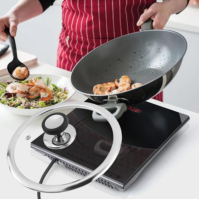 Woogim 8 Inch Universal Round Lid for Pots Tempered Glass Pan Lid,Silicone Handle Included,Dishwasher Safe,Oven Compatible up to 480℉,Universal Fit for Cast Iron Skillets & Stainless Steel Pots