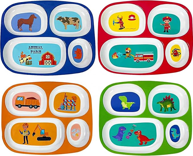 4E's Novelty Set of 4 Melamine Dinner Plates for Kids Boys - Divided Plates for Picky Eater, BPA Free, Toddler Eating Essentials, Boy Dinnerware Set