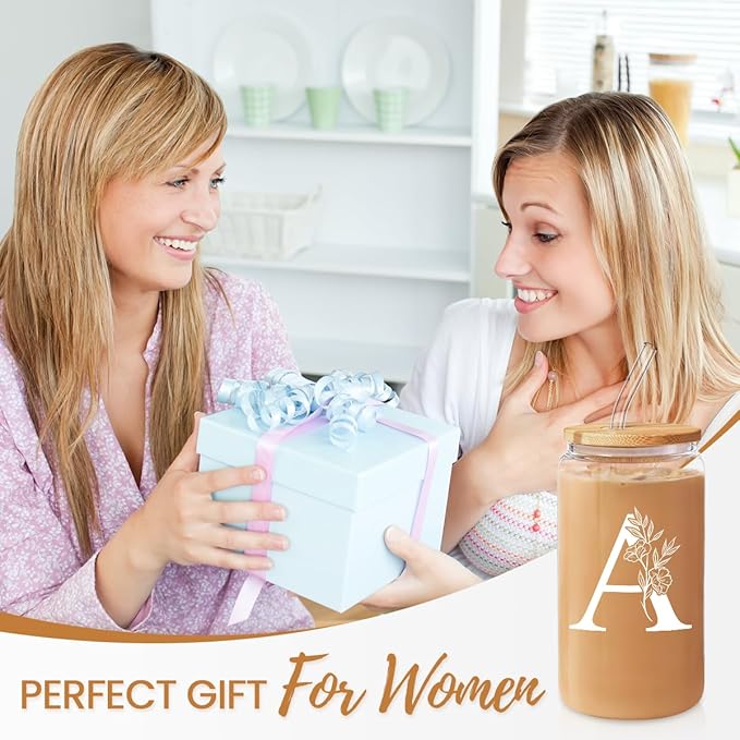 SANDJEST Monogrammed Gifts for Women - Monogram A Initial Glass Cup 16 Oz Can Coffee Cups with Lid and Straw - Monogram Initials Gifts for Womens on Birthday