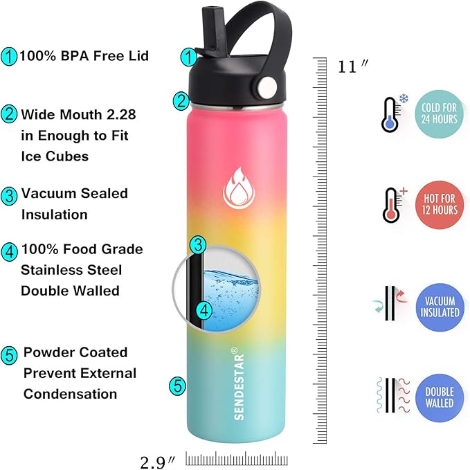SENDESTAR Insulated Water Bottle 24 OZ, Wide Mouth 24 oz Water Bottle with Straw Lid, Spout Lid, Double Wall Vacuum Stainless Steel Leak Proof, Keeps Liquids Hot or Cold