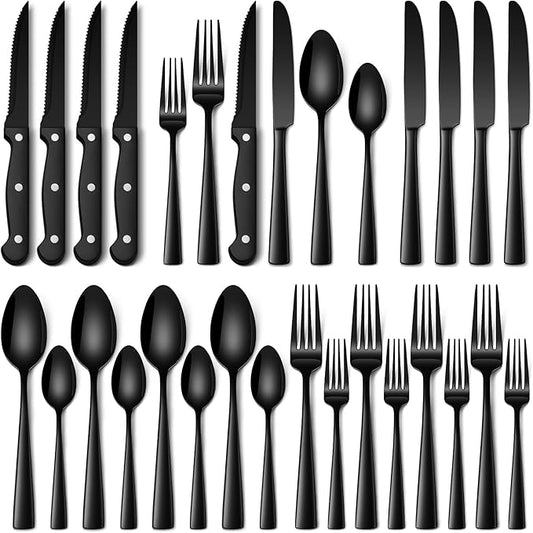 Stapava 24 Pcs Black Silverware Set with Steak Knives, Food-Grade Stainless Steel Flatware Set for 4 Mirror Polished Cutlery Utensil Sets Include Forks Spoons and Knives Set Dishwasher Safe