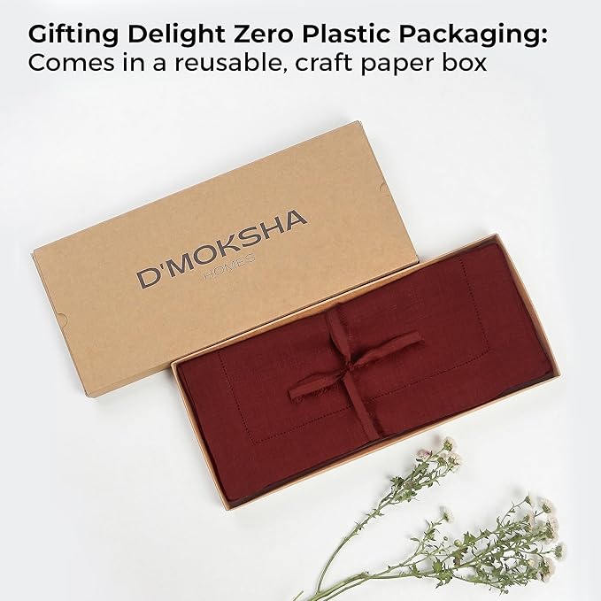 D'Moksha Homes Linen Dark Red Table Runner 90 Inches Long - Classic Hemstitch 100% Pure Linen Dining Table Runner 14 x 90 Inch for Winter, Holiday, New Year