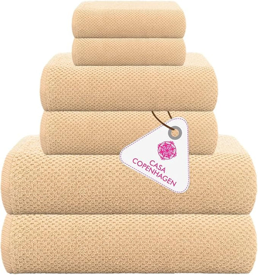 CASA COPENHAGEN Popcorn 6 Pieces Towel Set- Beige, 600 GSM 2 Bath Towel 2 Hand Towel 2 Washcloth, Designed in Denmark Made of Soft Egyptian Cotton for Bathroom, Kitchen & Shower