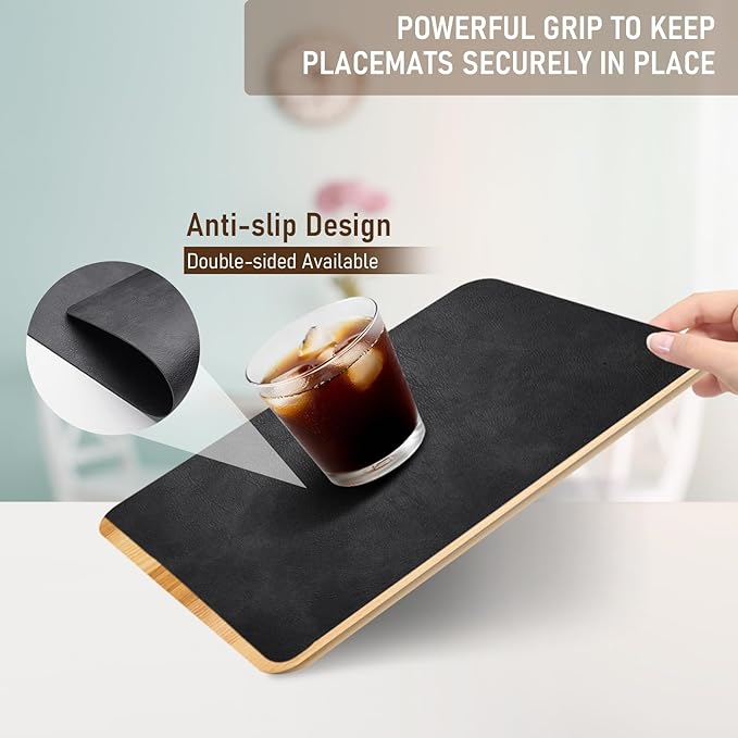 UnivoColors Washed Cowhide Pattern PU Leather Placemats Set of 6 Heat Resistant Kitchen Table Mats, Waterproof Wipeable for Party Decoration(Black)