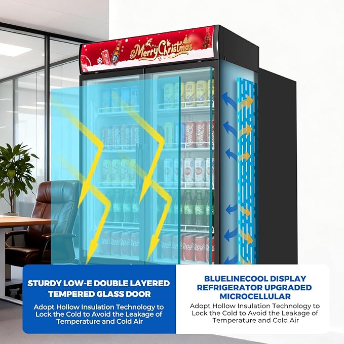 26 cu.ft Commercial Refrigerators with 2 Glass Door, Beverage Fridge with LED Light Display Upright Merchandiser, Drink Cooler with 8 Adjustable Shelves Black ETL Approved