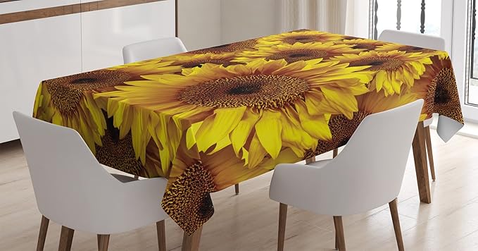 Ambesonne Sunflower Tablecloth, Vintage Rustic Grunge Sunflowers Field Blooms Botanical Natural Petals, Rectangular Table Cover for Dining Room Kitchen Decor, 60" X 84", Earth Yellow Ginger