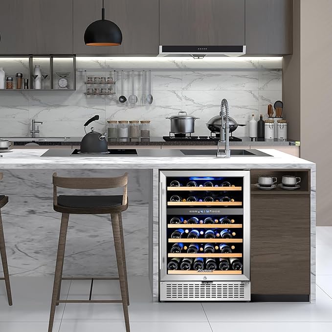 AAOBOSI 24 Inch 51 Bottles Wine Fridge, 41-64.4°F Dual Zone Wine Cooler, 6 Adjustable Shelves，Visualized Temperature Regulation，Temperature Memory Function，Double-Layer Glass Door
