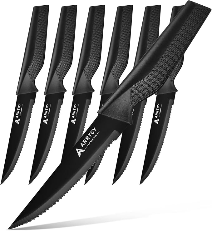 Steak Knives Set of 6;4.5 Inch German Stainless Steel Serrated Steak Knives with Ergonomic Anti-Slip Handles, Dishwasher Safe, Elegant Gift for Holidays (Black)