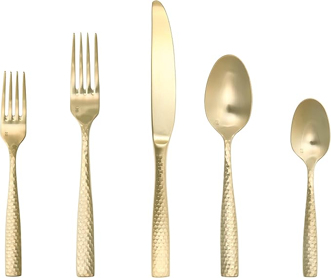 Fortessa Lucca Faceted 18/10 Stainless Steel Flatware, Dessert/Soup Spoon, 7.1", Set of 12, Brushed Gold
