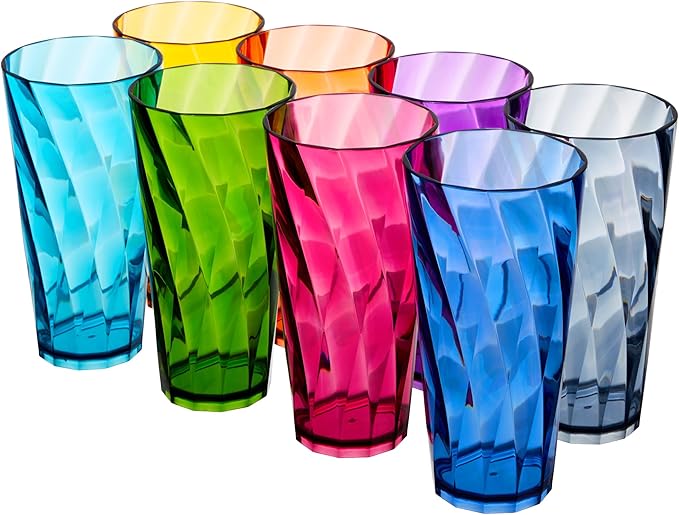 US Acrylic Optix Plastic Reusable Drinking Glasses (Set of 8) 26oz Iced-Tea Cups in Jewel Tone Colors | BPA-Free Tumblers, Made in USA | Top-Rack Dishwasher Safe